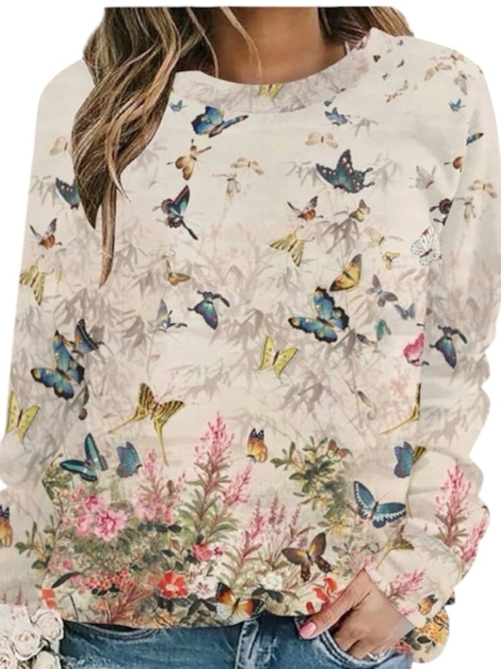 Butterfly Garden Knit Sweater 2XL Cottagecore Romantic Floral Print Lightweight